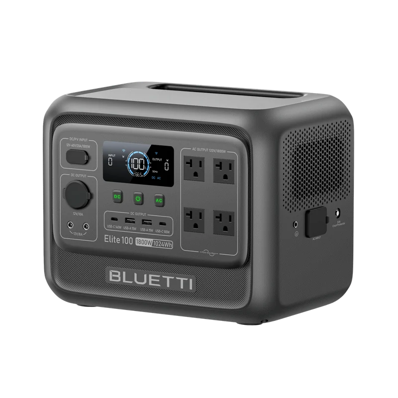 Official BLUETTI Elite 100 V2 product view with US AC outlets, USB ports and display.