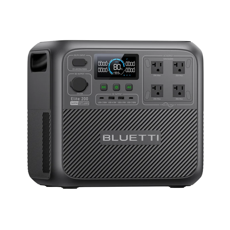 Official BLUETTI Elite 200 V2 front product view with US AC outlets and integrated carrying handles.