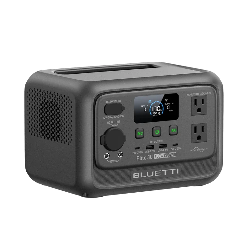 Official BLUETTI Elite 30 V2 product view showing the US outlets, display and carrying handle.