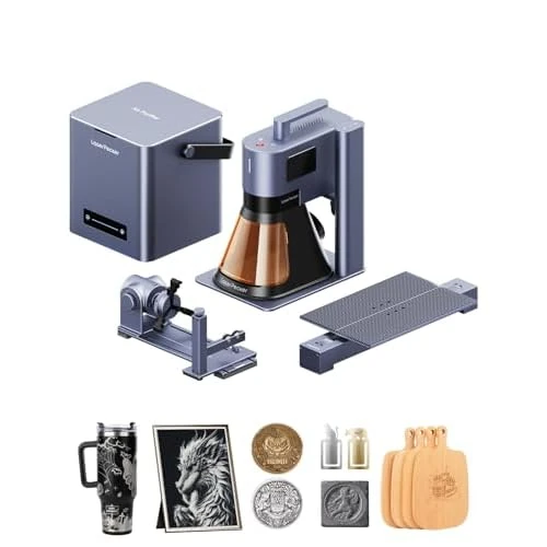 LP5 product image with air purifier, slide and rotary extensions, plus illustrative engraving projects.